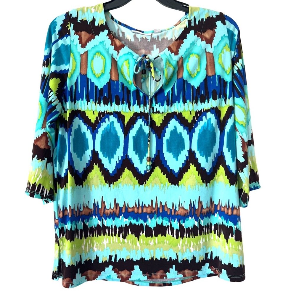 Susan Graver Women's Turquoise & Brown Abstract Print Top 3/4 Sleeve Size L Lg